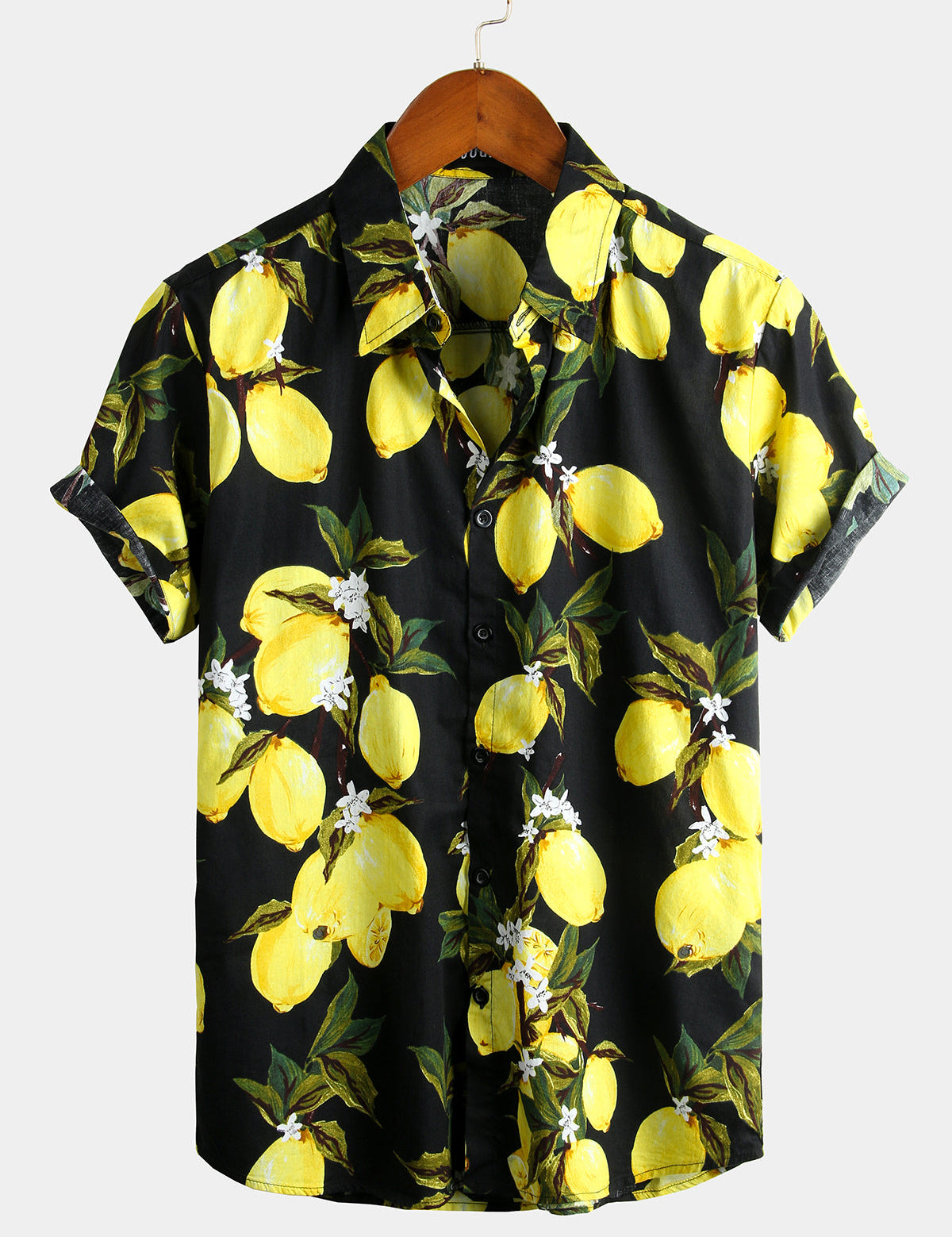 Men's Lemon Print Short Sleeve Button-Up Beach Summer Hawaiian Shirt