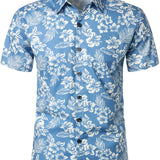 Men's Blue Tropical Floral Plant Leaf Cotton Button-Up Short Sleeve Aloha Resort Beach Shirt