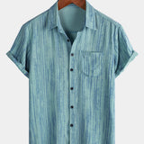Men's Breathable Short Sleeve Pocket Blue Striped Shirt
