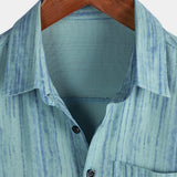 Men's Breathable Short Sleeve Pocket Blue Striped Shirt