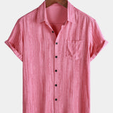 Men's Breathable Short Sleeve Pocket Pink Striped Shirt