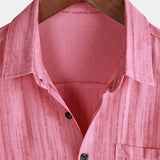 Men's Breathable Short Sleeve Pocket Pink Striped Shirt