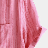 Men's Breathable Short Sleeve Pocket Pink Striped Shirt