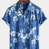 Men's Blue Floral Vintage Short Sleeve Button-Up Beach Tropical Hawaiian Shirt