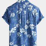 Men's Blue Floral Vintage Short Sleeve Button-Up Beach Tropical Hawaiian Shirt