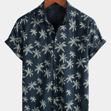 Men's Palm Tree Print Cotton Navy Blue Button-Up Short Sleeve Hawaiian Shirt