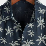 Men's Palm Tree Print Cotton Navy Blue Button-Up Short Sleeve Hawaiian Shirt