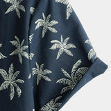 Men's Palm Tree Print Cotton Navy Blue Button-Up Short Sleeve Hawaiian Shirt