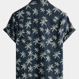 Men's Palm Tree Print Cotton Navy Blue Button-Up Short Sleeve Hawaiian Shirt