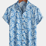 Men's Blue Tropical Floral Plant Leaf Cotton Button-Up Short Sleeve Aloha Resort Beach Shirt