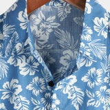 Men's Blue Tropical Floral Plant Leaf Cotton Button-Up Short Sleeve Aloha Resort Beach Shirt