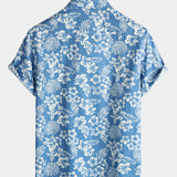 Men's Blue Tropical Floral Plant Leaf Cotton Button-Up Short Sleeve Aloha Resort Beach Shirt