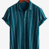 Men's Summer Striped Pocket Button Up Short Sleeve Vintage Beach Hawaiian Shirt