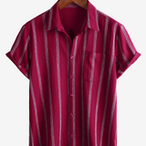 Men's Summer Striped Pocket Button Up Short Sleeve Vintage Beach Hawaiian Shirt