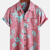 Men's Red Floral Vintage Short Sleeve Button-Up Beach Tropical Hawaiian Shirt