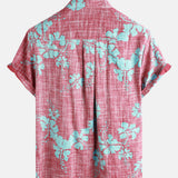 Men's Red Floral Vintage Short Sleeve Button-Up Beach Tropical Hawaiian Shirt