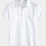 Men's Cotton & Linen Chest Pockets Solid Colour Short Sleeve Shirt