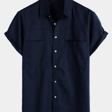 Men's Cotton & Linen Chest Pockets Solid Colour Short Sleeve Shirt