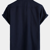 Men's Cotton & Linen Chest Pockets Solid Colour Short Sleeve Shirt