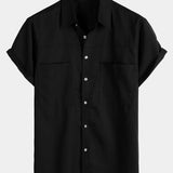 Men's Cotton & Linen Chest Pockets Solid Colour Short Sleeve Shirt