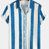 Men's Vintage Blue Vertical Striped Casual Short Sleeve Shirt