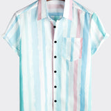 Men's Blue And Pink Striped Summer Vacation Short Sleeve Shirt