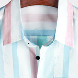 Men's Blue And Pink Striped Summer Vacation Short Sleeve Shirt