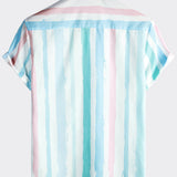Men's Blue And Pink Striped Summer Vacation Short Sleeve Shirt