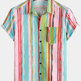 Men's Retro Green And Pink Striped Casual Summer Short Sleeve Shirt