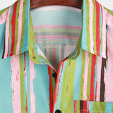 Men's Retro Green And Pink Striped Casual Summer Short Sleeve Shirt