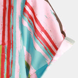 Men's Retro Green And Pink Striped Casual Summer Short Sleeve Shirt