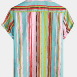 Men's Retro Green And Pink Striped Casual Summer Short Sleeve Shirt
