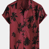 Men's Palm Tree Print Cotton Burgundy Beach Short Sleeve Collared Shirt