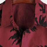 Men's Palm Tree Print Cotton Burgundy Beach Short Sleeve Collared Shirt