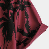 Men's Palm Tree Print Cotton Burgundy Beach Short Sleeve Collared Shirt