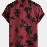 Men's Palm Tree Print Cotton Burgundy Beach Short Sleeve Collared Shirt