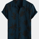 Men's Palm Tree Print Cotton Navy Blue Short Sleeve Hawaiian Collared Shirt
