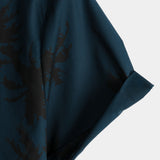 Men's Palm Tree Print Cotton Navy Blue Short Sleeve Hawaiian Collared Shirt