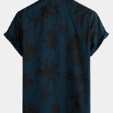 Men's Palm Tree Print Cotton Navy Blue Short Sleeve Hawaiian Collared Shirt