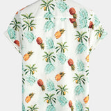 Men's Pineapple Print Cotton Tropical Fruit Holiday Short Sleeve Button-Up Beach Hawaiian Shirt