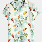 Men's Pineapple Print Cotton Tropical Fruit Holiday Short Sleeve Button-Up Beach Hawaiian Shirt