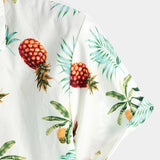 Men's Pineapple Print Cotton Tropical Fruit Holiday Short Sleeve Button-Up Beach Hawaiian Shirt