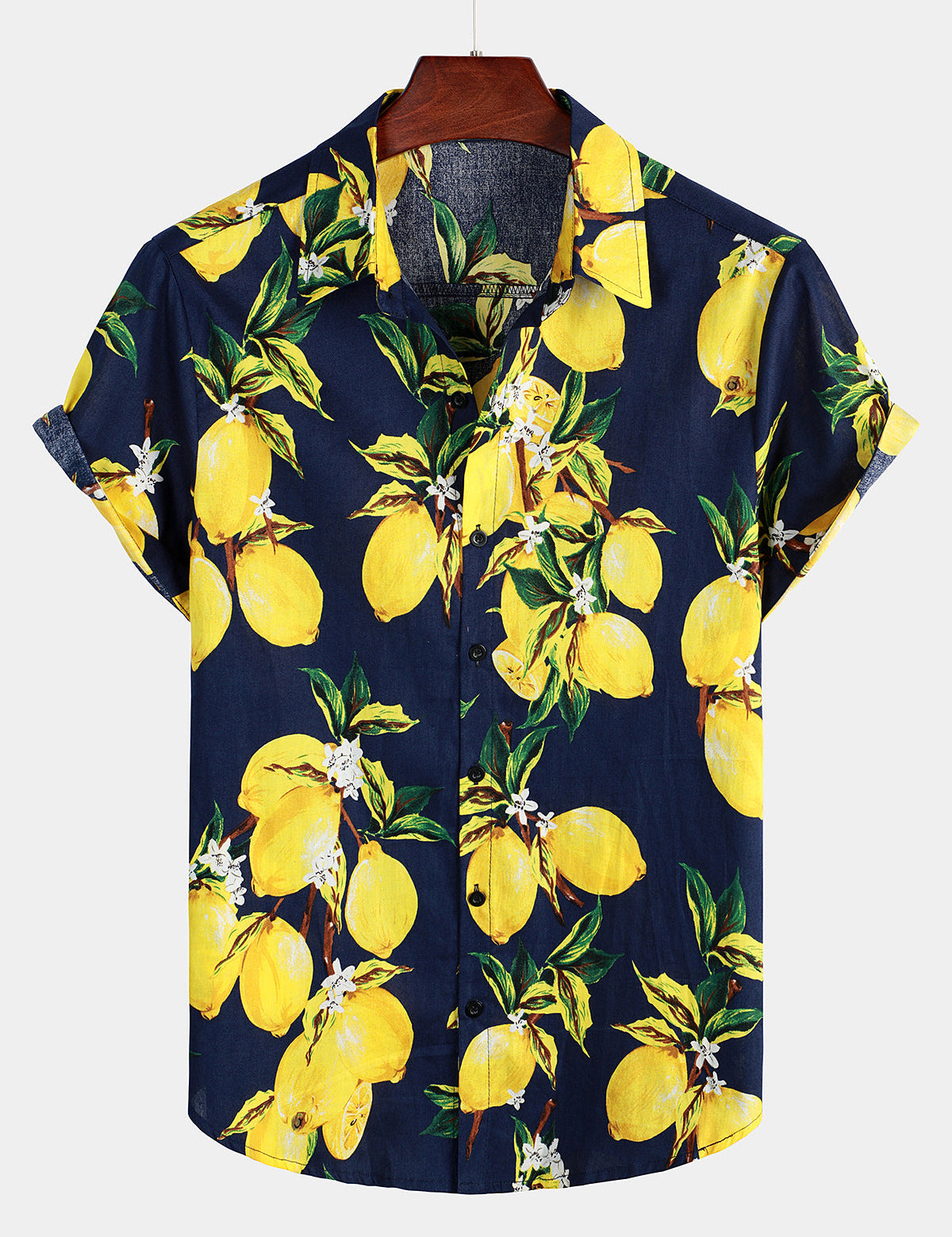 Men's Lemon Print Short Sleeve Button-Up Beach Summer Hawaiian Shirt
