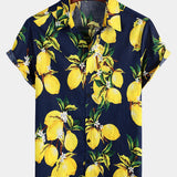 Men's Lemon Print Short Sleeve Button-Up Beach Summer Hawaiian Shirt