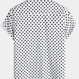 Men's Cotton Casual Polka Dot Summer White Pocket Short Sleeve Shirt