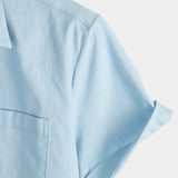 Men's Solid Colour Linen Cotton Pocket Casual Short Sleeve Shirt