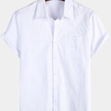 Men's Solid Colour Linen Cotton Pocket Casual Short Sleeve Shirt
