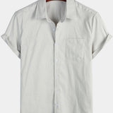 Men's Solid Colour Linen Cotton Pocket Casual Short Sleeve Shirt