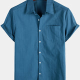 Men's Solid Colour Linen Cotton Pocket Casual Short Sleeve Shirt