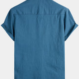Men's Solid Colour Linen Cotton Pocket Casual Short Sleeve Shirt